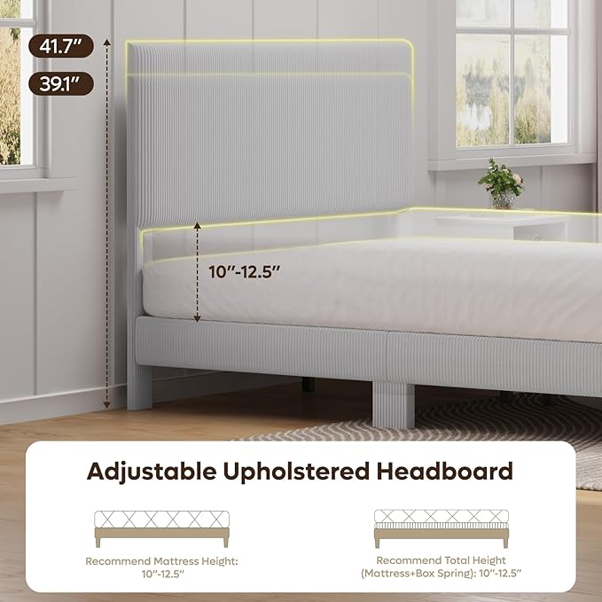 Bestier Queen Size Bed Frame with Headboard, LED Lighting, Vertical Channel Tufted Corduroy Upholstered, Solid Wooden Slat Support, No Box Spring Needed, Never Squeak, Easy Assembly, Light Grey