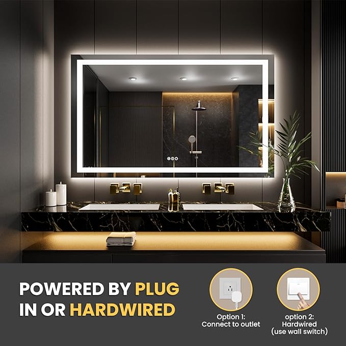LOAAO 66"X40" LED Mirror for Bathroom, Lighted Bathroom Mirror with Lights, Anti-Fog, Dimmable, Memory Function, Clear Reflection