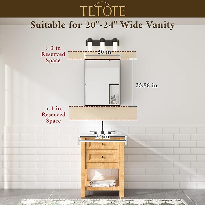 TETOTE 20" x 26" Recessed Medicine Cabinet Mirror for Bathroom Brushed Nickel Medicine Cabinets with Stepless Adjustable Shelves, Aluminum Beveled Frame, Fully Assembled