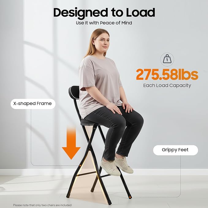 Folding Bar Stool with Back & Footrest, 38.5 in Tall Foldable Stool, Portable Stools, Counter Height Foldable Stools Chairs Seat Padded Collapsible Stool for Adults Kitchen Island, Set of 2, Black