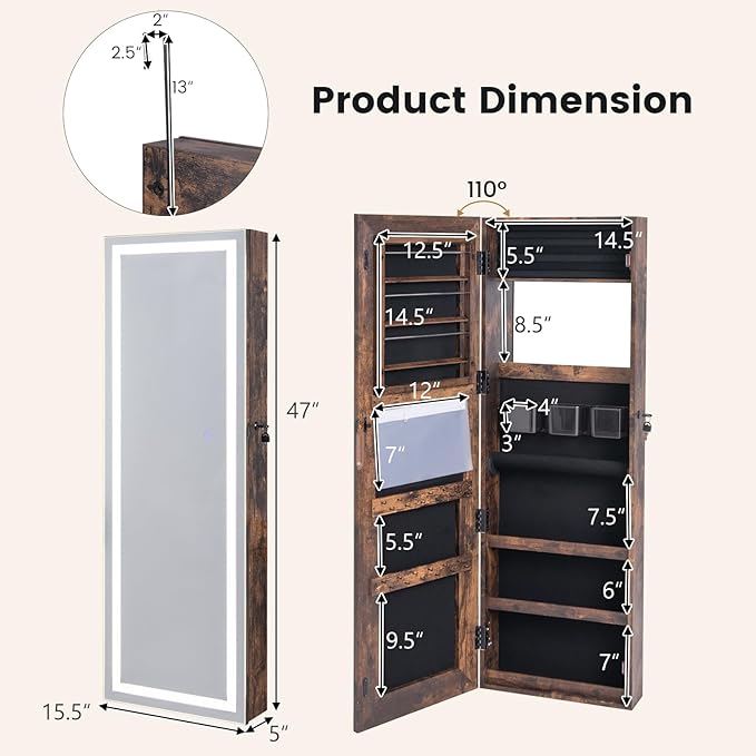CHARMAID LED Mirror Jewelry Cabinet, 47.2'' Jewelry Armoire with Adjustable Lighted Full Length Mirror, Wall Mounted or Door Hanging, Lockable Jewelry Organizer Storage (Rustic Brown, 47.2''H)