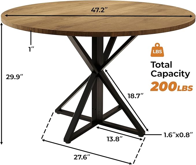 GarveeHome 47 Inch Round Dining Table for 4, Circle Kitchen Table with Pedestal Base, Farmhouse Wooden Dining Table for Small Spaces, Kitchen & Dining Room, Living Room（Brown/Only Table）