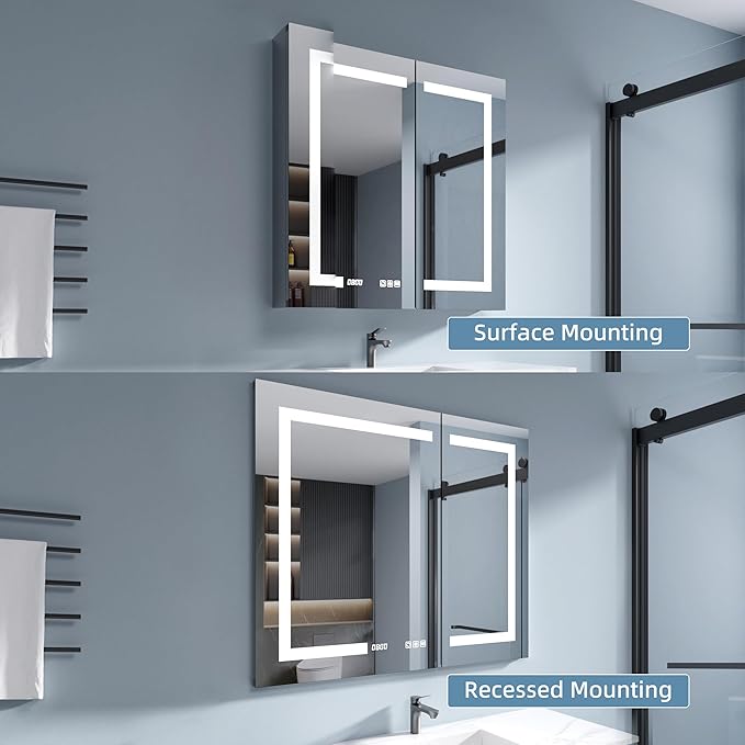 LED Medicine Cabinet Mirror, 48x30 Inch Bathroom Storage, Recessed/Wall Mount, Plug-in/Hardwired, 3 Color Dimmable Light, Anti-Fog, Time Temp Display