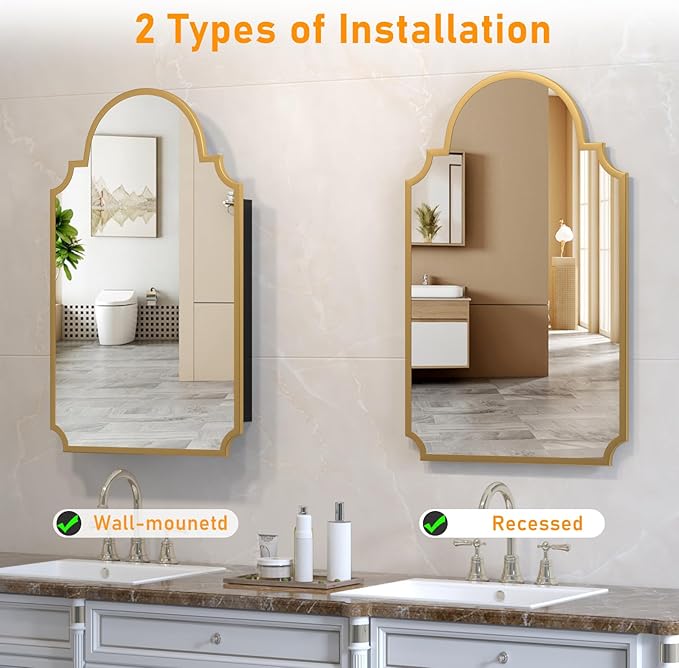 20"x32" Medicine Cabinet with Mirror, Recessed and Surface Mount Medicine Cabinets for Bathroom, Bedroom, Full Metal, Unique Art Arched Mirror with Storage, 2 Shelves and 1 Organizer Box, Bling Gold