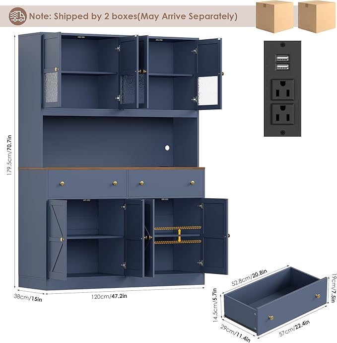 FINETONES 71" Pantry Cabinet with LED Light and Charging Station, Farmhouse Kitchen Pantry Cabinet with Microwave Stand, 47.2" Wide Kitchen Hutch Food Pantry with Open Countertop, Blue