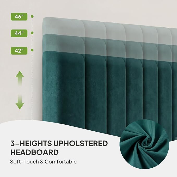 Welzona Full Size Velvet Bed Frame with Headboard, Fully Upholstered Metal Platform Bed with Vertical Channel Tufted Headboard, 3-Level Height, Metal Slat Support, Noise-Free Easy Assembly, Green