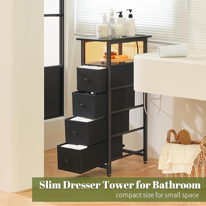 Yoobure LED Narrow Nightstand with Charging Station - Slim Dresser for Bedroom Narrow Side Table Storage Cabinet, Small Dressers Chest of Drawers, Tall Skinny Night Stand End Table for Small Spaces