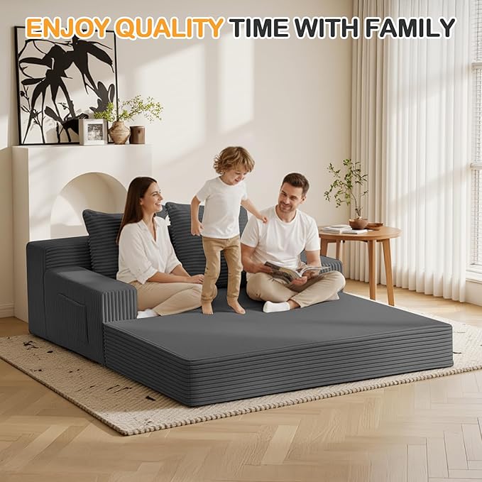 Erament Convertible Sofa Bed, Loveseat Folding Floor Futon Sleeper Sofa Couch Bed- Boneless Foldable Couch, Corduroy Pull Out Sofa Bed with 2 Pillows for Living Room & Bedroom