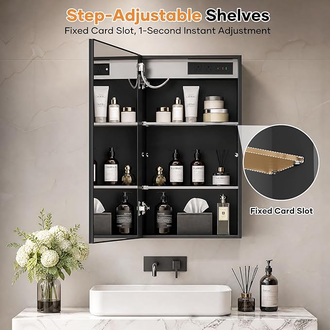 Bathroom Medicine Cabinet with Mirrors and LED Lights, 16x30 inch Bathroom Storage Cabinet, One Doors Wall-Mounted Medicine Cabinet Organizer with Adjustable Shelves & Outlets (16x30 inch)