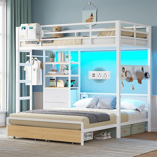 Twin Over Full Size Bunk Bed with 4 Storage Drawers and Bookshelf, Metal Bunk Beds with LED Lights, Charging Station, Loft Bunk Bed with Pegboard, Safety Guardrail and Ladders, for Kids, Teens, Adults