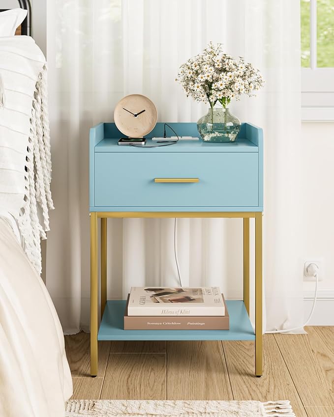 Nightstand with Charging Station,3-Tier Modern Bedside Table Night Stand with Storage Drawer and Open Shelf,Small End Side Table for Bedroom,Living Room,Blue