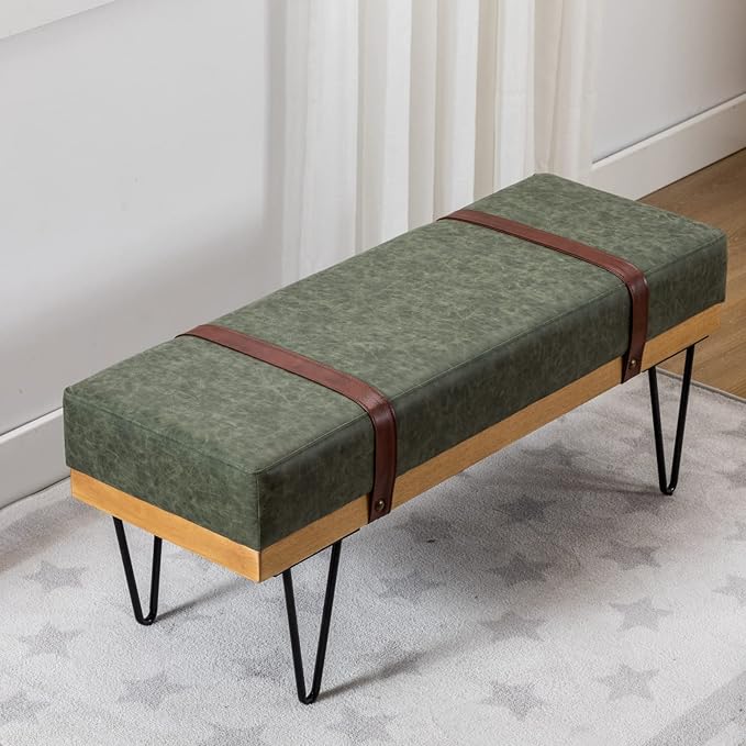 HEAH-YO Industrial Entryway Bench Set of 1, 44 Inches End of Bench with Padded Seat Cushion, Uphlstered PU Leather Dining Bench for Kitchen Living Room, Green