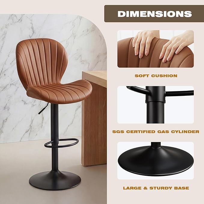 GRUSIGN Bar Stools Set of 2, Modern Swivel Adjustable Bar Chairs, Faux Leather Upholstered Counter Height Bar Stools with Backrest, Comfort Barstools for Kitchen Island, Home Bar, Brown