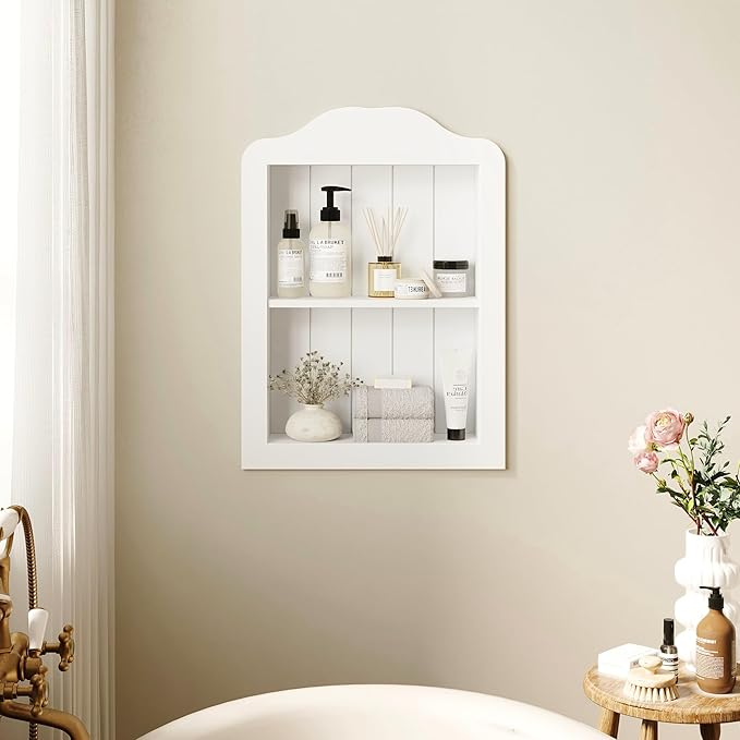 CJL 14'' x 18'' Recessed Medicine Cabinet, Solid Wood in-Wall Bathroom Cabinet, Arched Wall Niche Shelf, 2-Tier, White