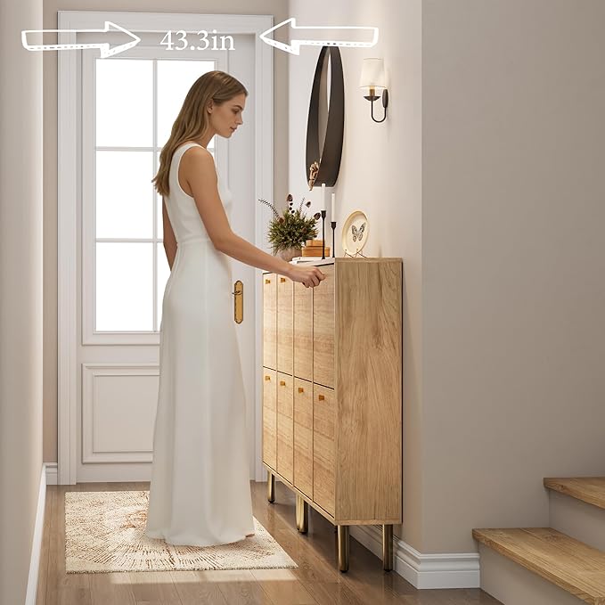 Nicetree Shoe Storage Cabinet for Entryway - Ultra Slim Shoe Cabinet with Tiered Fluted Design - Modern Shoe Organizer with Gold Legs, Hidden Shoe Rack for Small Spaces, Fits Men's Size 13.5