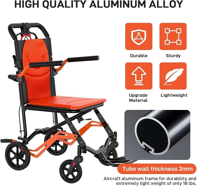 IDEALHOUSE Lightweight Foldable Wheelchair for Adults, Portable Travel Chair with Removable Flip-Up Armrests, Adjustable Swing-Away Footrests, Hand-Operated Brakes, for Indoor & Outdoor Use, Orange