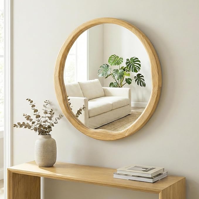 Natural Wood Round Wall Mirror 30 Inch, Large Solid Wood Framed Mirror with Wavy Inner Edge for Bathroom Vanity, Living Room & Organic Boho Decor