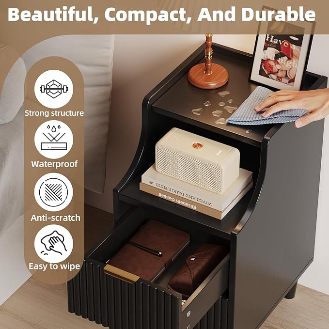 Fluted Nightstands Set of 2,Narrow Bedside Table with 2 Drawers & Storage, Farmhouse Walnut End Table Modern Side Table for Bedroom Livingroom Sofa Office, Small Space