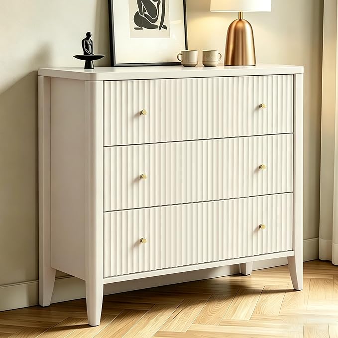 Fatmok Fluted 3 Drawer Dresser for Bedroom Set of 2, 34" Wide Chest of Drawers, Modern Wood Nightstand End Table with Metal Handles, Striped Storage Cabinet for Living Room, Hallway, Alabaster White