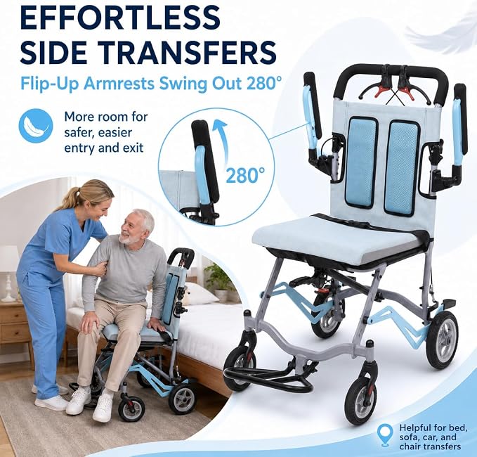 IDEALHOUSE Ultra Lightweight Folding Transport Wheelchair, 16” Seat, Flip-Up Armrests, Swing-Away Footrests, Portable & Compact for Travel, Caregiver-Friendly, 24.25 lbs