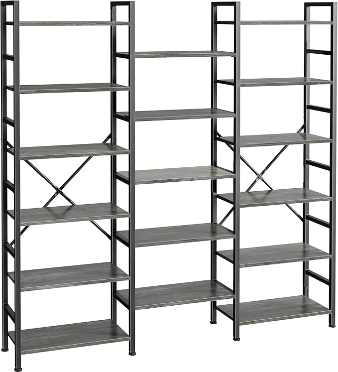 SUPERJARE Triple Bookshelf, Bookcase with 17 Open Display Shelves, Wide Book Shelf Book Case for Home & Office, 6 Tier, Grey