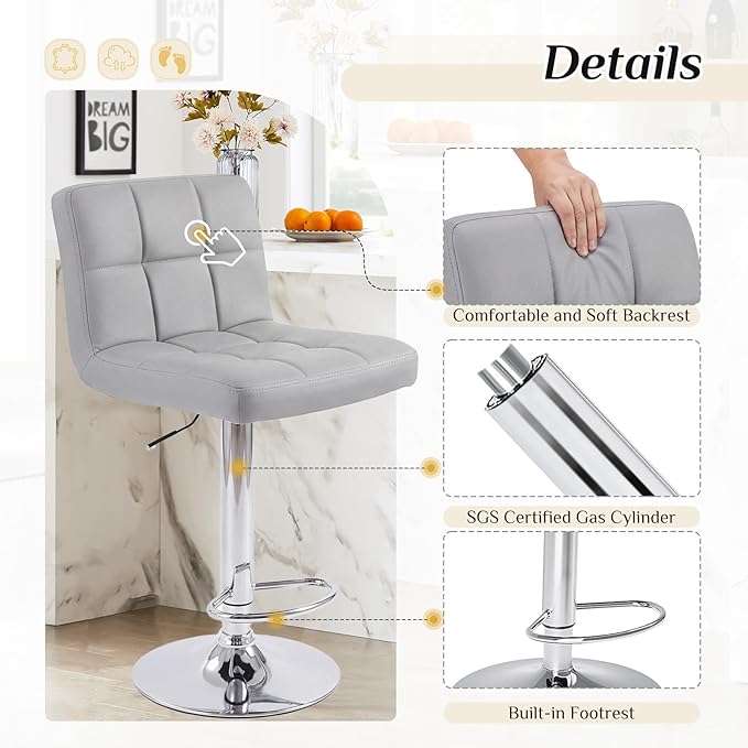 DUMOS Bar Stools Set, 24 inch Counter Height Bar Stools, Upholstered Modern Kitchen Barstools with Metal Base, PU Leather Saddle Stools for Kitchen Island