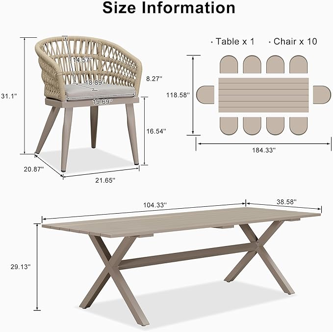 PURPLE LEAF 11 Pieces Outdoor Dining Set All-Weather PE Rattan Outdoor Patio Furniture Set with All Aluminum Frame Rectangular Table and Chairs Set for Lawn Garden Backyard Deck, Champagne