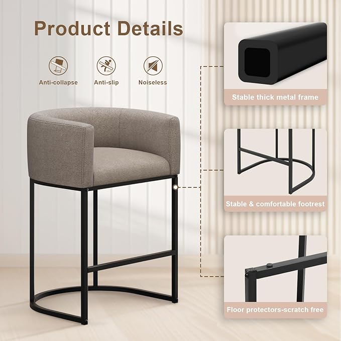 26" H Counter Height Bar Stools Set of 2, Modern Barrel Counter Stools with Backrest and Arms, Linen Fabric Upholstered Accent Barstools for Kitchen Island,Support 450 LBS (Sand)