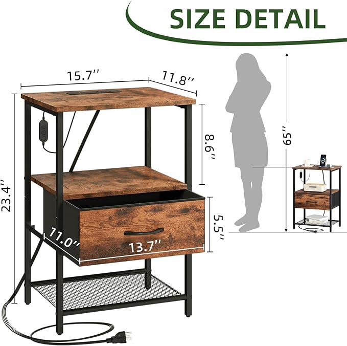 Somdot Nightstand with Charging Station and LED Light for Bedroom, Bedside Table End Table for Dorm Guest Room Bedside Kids Laundry Closet Entryway Hallway, Wood Grain Print