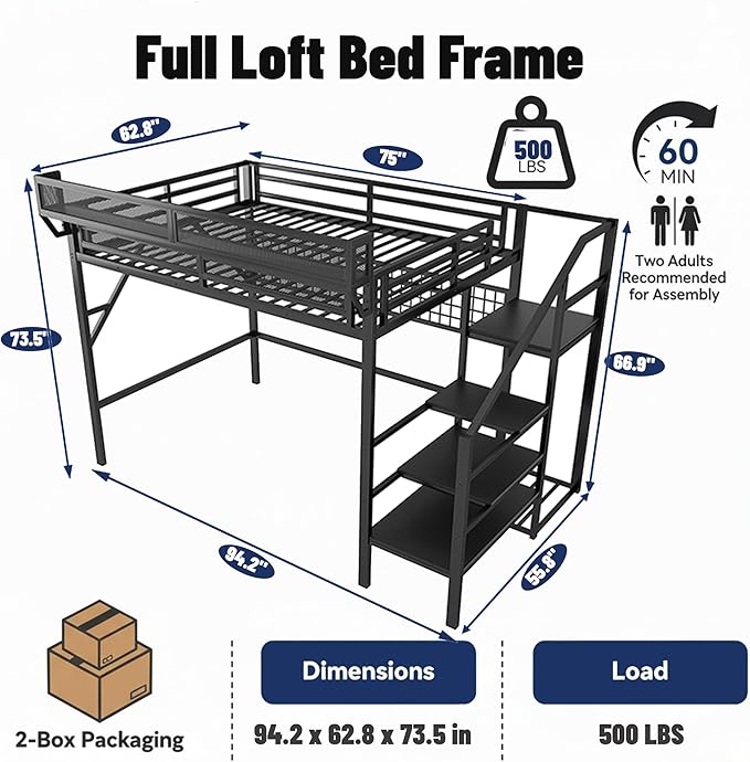 Full Size Loft Bed with Stairs and LED Light, Metal Loft Bed Frame with Shelf for Adults, Tall Loft Beds with Storage Shelves and Wardrobe for Kids Boys Girls Teens, Convertible Staircase, Black