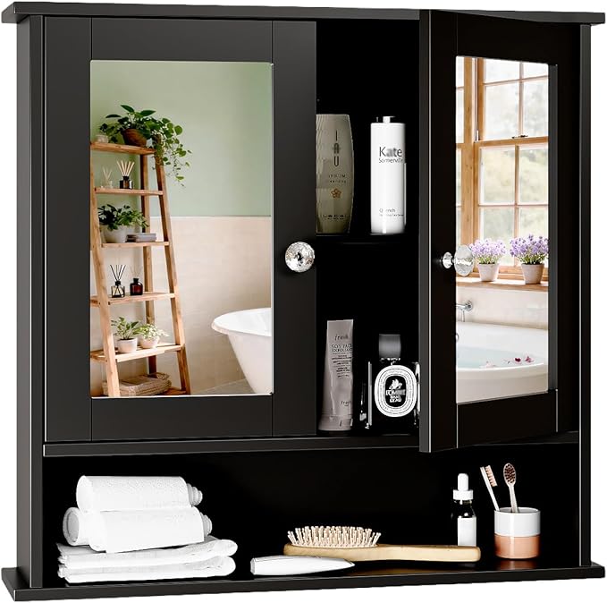 VINGLI Black Medicine Cabinet with Mirror, Wall Mounted Bathroom Cabinet with Open Shelf, 2-Door Hanging Storage Organizer Over Toilet, Adjustable Shelves for Vanity, Living Room, 22x23 Inch