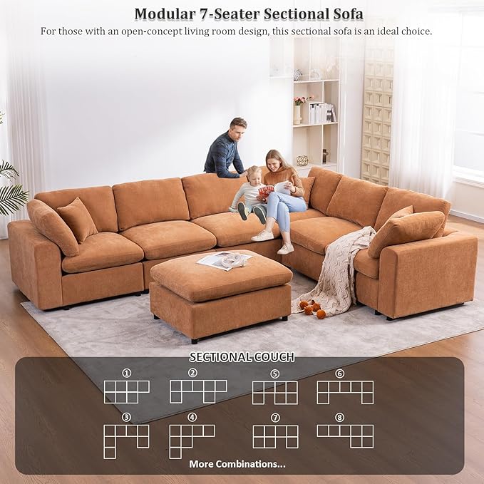 Oversized Modular Sectional Sofa Couch, Large 7 Seater Corner Sofa Modern U Shaped Sectional Couch with Ottoman Cloud Couches for Living Room, Office, Spacious Space, Light Brown