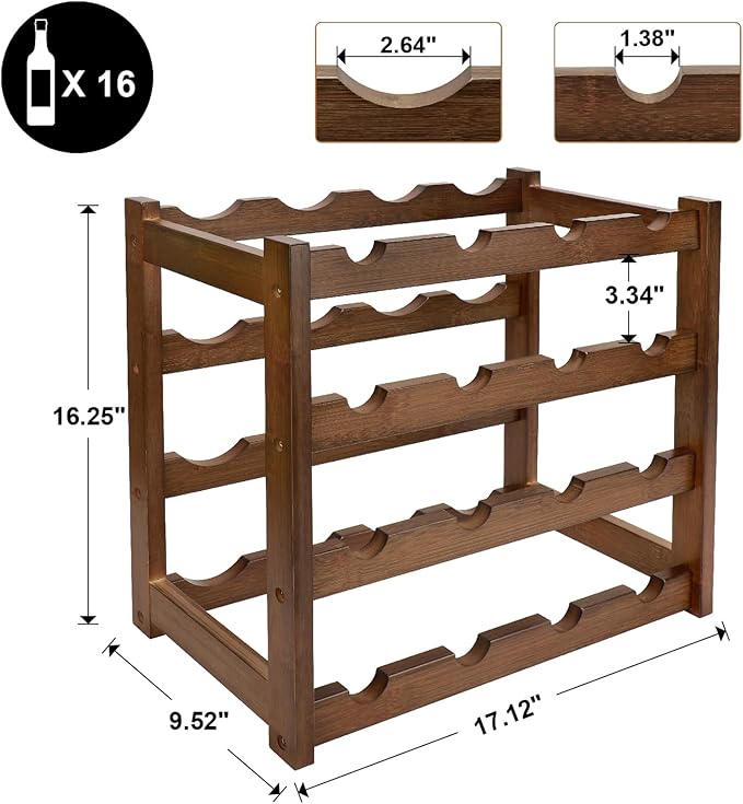 Bamboo Wine Rack, 4-Tier 16 Bottles Wine Storage Cabinet Shelf, Easy-Assembly Freestanding Bamboo Wine Racks Countertop for Kitchen Pantry Dining Room Bar, Walnut