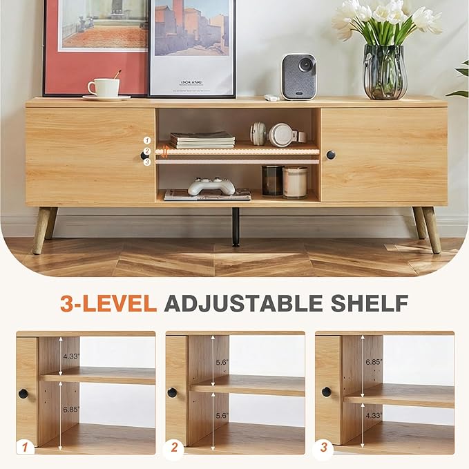 Sweetcrispy TV Stand for 55 60 inch TV, Modern Mid Century Entertainment Center with Storage, Media Console Table 2 Cabinet, Soft Hinge, Handle Door, Wooden Living Room, Office Furniture, Oak