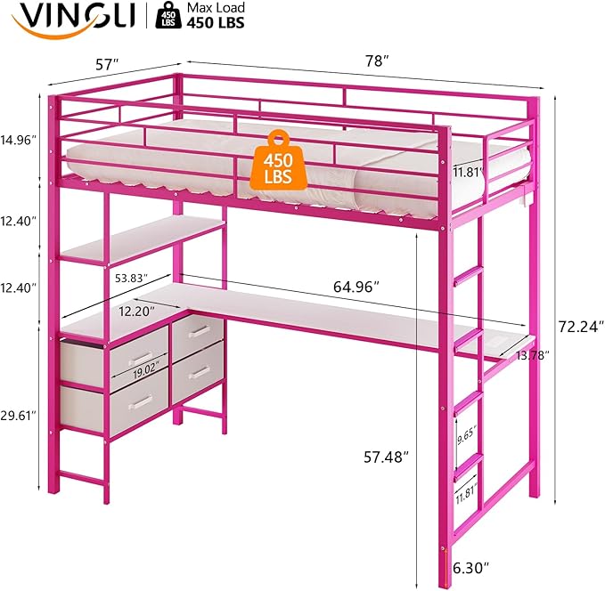 VINGLI Full Metal Loft Bed Frame with L-Shaped Desk, 15 Inches Guardrail, Non-Slip Ladder, 2 Charging Stations, 4 Drawers/Storage Shelves/LED Lights, for Kids Teens Adults, No Box Spring Needed, Pink