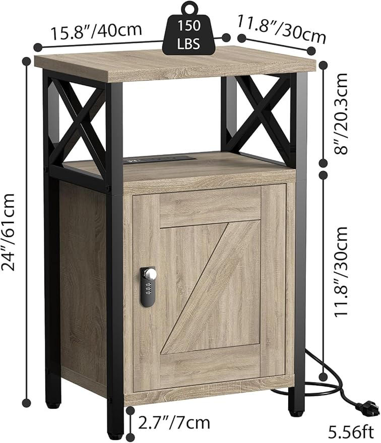 runjuly Wooden Nightstand with Lock, Bed Side Table with Drawers, Bedside Table with Charging Station, 3 USB & 2 Outlets, Night Stand with Cabinet, End Tables for Bedroom, Greige