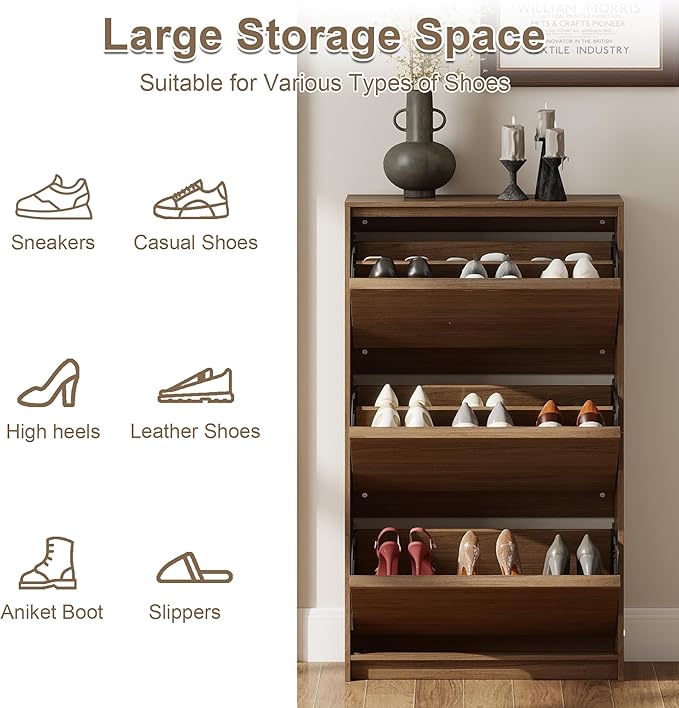 Shoe Cabinet with 3 Flip Drawers, 23.62" W Narrow Shoe Storage Cabinet for Entryway, Slim Shoe Organizer with Adjustable Shelves, Freestanding Shoe Rack for Hallway, Living Room, Walnut
