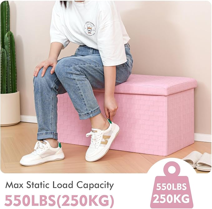 B FSOBEIIALEO Folding Storage Ottoman, Faux Leather Footrest Seat Long Shoes Bench Box Chest, Pink 30"x15"x15"