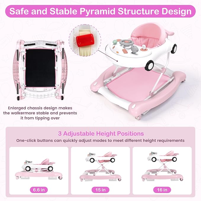 Baby Walker, 5-in-1 Baby Walker for Boys and Girls with Bouncer, Removable Footrest, Music, Foldable & Adjustable Speed Wheels Activity Walker for 6-18 Months Toddler Infant(Pink)