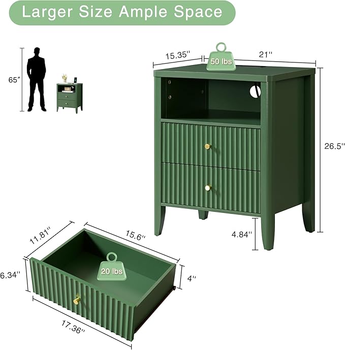 Fluted Nightstand with Charging Station, 21" Wide Modern Bedside Table with 2 Drawers & Open Shelf, Wood End Table with Storage & Metal Handle for Bedroom, Living Room, Small Spaces, Green