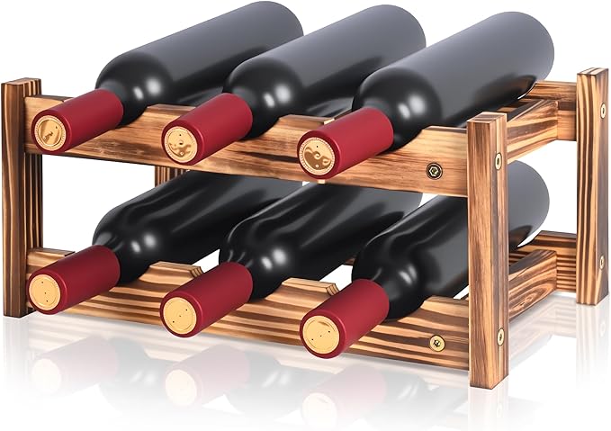 6-Bottle Wooden Wine Rack – 2-Tier Tabletop Countertop Space-Saving Wine Holder with Screwdriver Included, Easy Assembly Wine Storage Shelf for Kitchen, Bar, Pantry & Home Decor