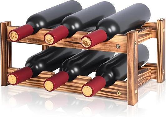 6-Bottle Wooden Wine Rack – 2-Tier Tabletop Countertop Space-Saving Wine Holder with Screwdriver Included, Easy Assembly Wine Storage Shelf for Kitchen, Bar, Pantry & Home Decor