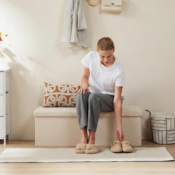 Sweetcrispy 43 Inch Folding Storage Ottoman Bench, Large Hidden Storage Chest with Padded Seat, Foot Rest Stool Supports Up to 660Lbs, End of Bed Bench for Bedroom, Living Room, Linen Fabric, Beige