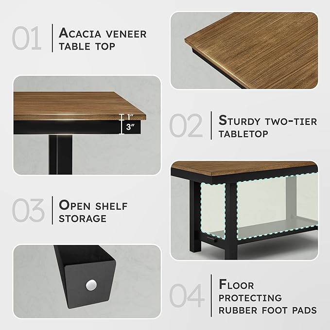 Lexicon 65" Modern Rectangle Dining Table for 6 - Solid Wood Frame, Acacia Veneer Rectangular Kitchen Table with Storage Shelf, Kitchen/Dining Room, Assembly Required, Brown Top and Black Wood Base