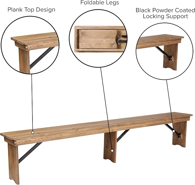 Flash Furniture Hercules Series 8' x 12' Commercial Grade Rustic Solid Pine Folding Bench, Antique Farmhouse 3 Leg Dining Bench, Seats up to 4 Adults