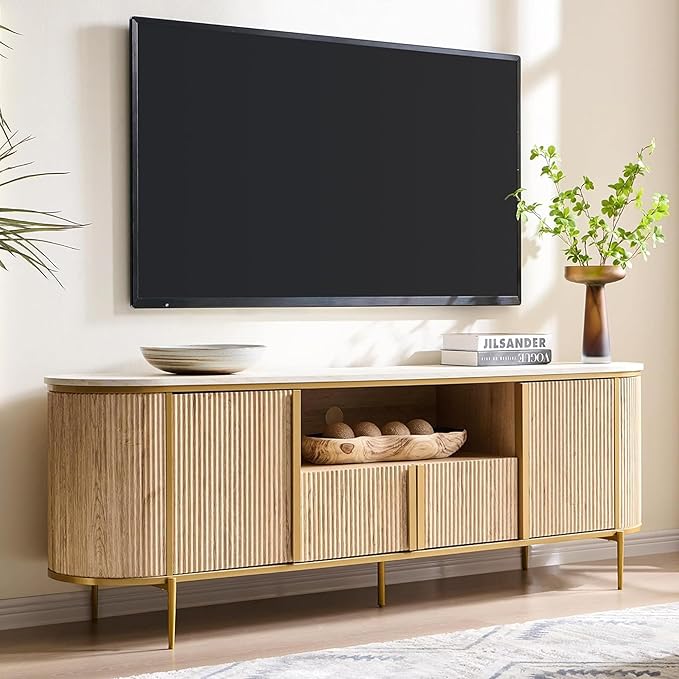OKD 70" Fluted TV Stand with Storage, Faux Marble Top Entertainment Center for TVs Up to 80", Modern Curved Edge Media Console Cabinet for Living Room, Natural Oak