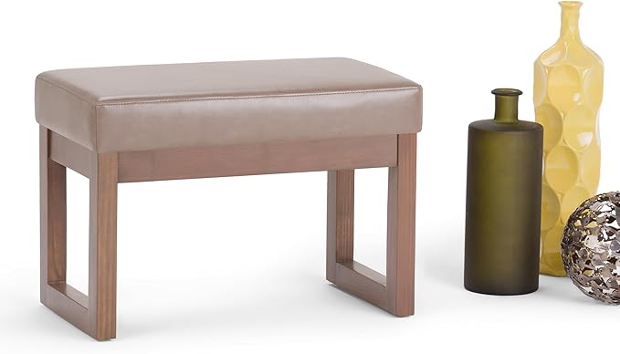 SIMPLIHOME Milltown Small Ottoman Bench - 27" Wide x 18" High Upholstered Vegan Leather Rectangle Footstool Ottoman in Ash Blonde, Contemporary Bench for Living Room with Cushioned Seat, Assembled