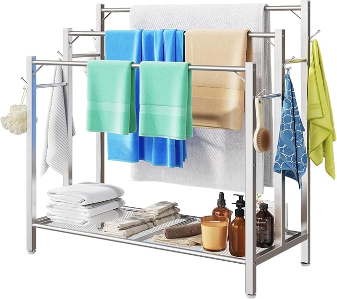 HavenlyYouth Free Standing Towel Rack for Bathroom, 3 Tier Blanket Drying Holder for Outside, Pool Towel Rack with Metal Shelf for Display and Storage, 35.8" H x 31.5" L x 11.8" W, Satin Nickel