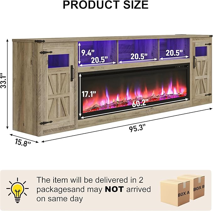 Fireplace TV Stand for 100 Inch TV, 95" Farmhouse Entertainment Center with 60" Electric Fireplace & LED Lights, Large Media Console for Living Room, Rustic Barn Doors, Power Outlets,Grey
