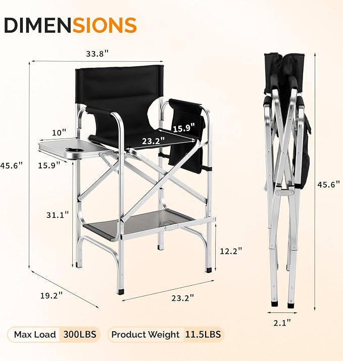 VINGLI 31" Tall Director's Chair for Makeup Artist, Aluminum Portable Makeup Chair with Retractable Side Table & Footrest,Supports 300 lbs, Foldable Makeup Chair for Studio, Silver & Black